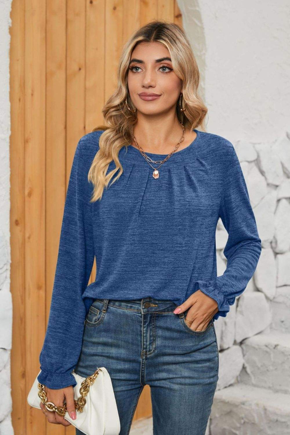 Ruched Round Neck Flounce Sleeve T-Shirt - Trendsi - Flyclothing LLC