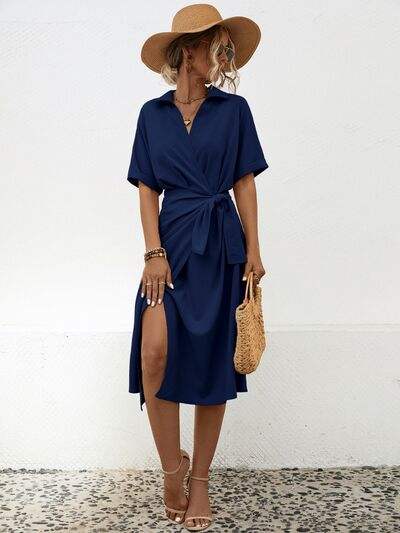 Tied Slit Short Sleeve Dress - Trendsi - Flyclothing LLC