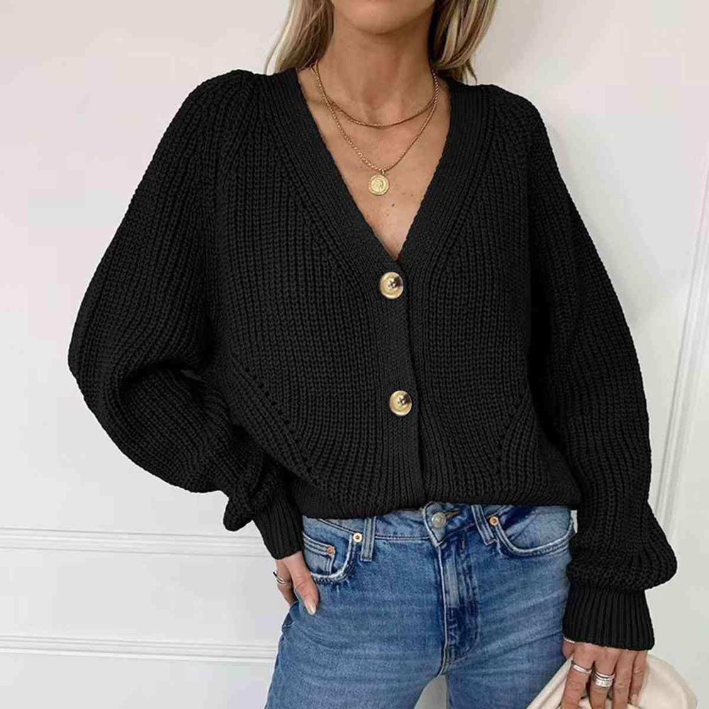 Button Up V-Neck Long Sleeve Cardigan - Trendsi - Flyclothing LLC