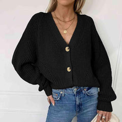 Button Up V-Neck Long Sleeve Cardigan - Trendsi
