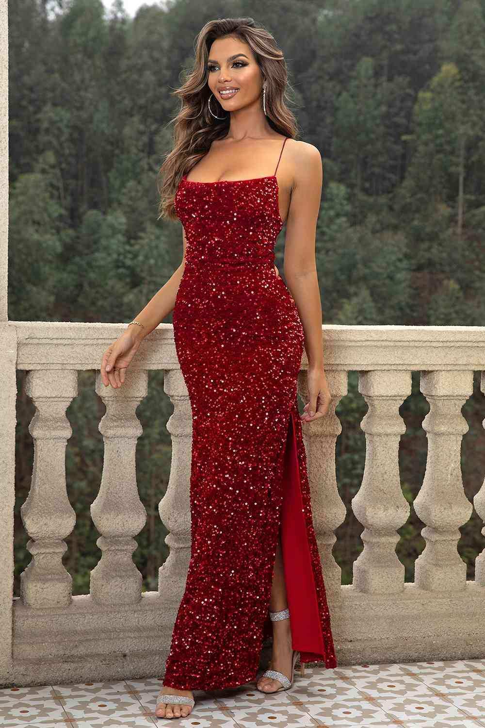 Sequin Backless Split Maxi Dress - Trendsi - Flyclothing LLC