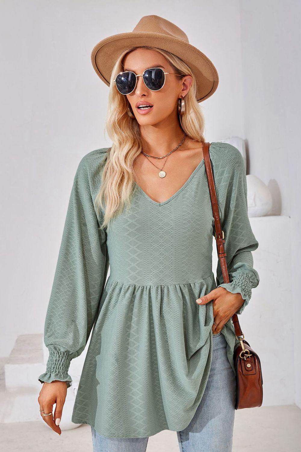 V-Neck Lantern Sleeve Blouse - Flyclothing LLC