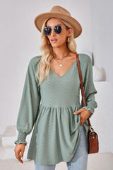 V-Neck Lantern Sleeve Blouse - Flyclothing LLC