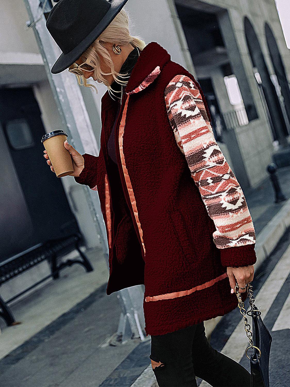 Geometric Zip-Up Collared Sherpa Jacket - Trendsi