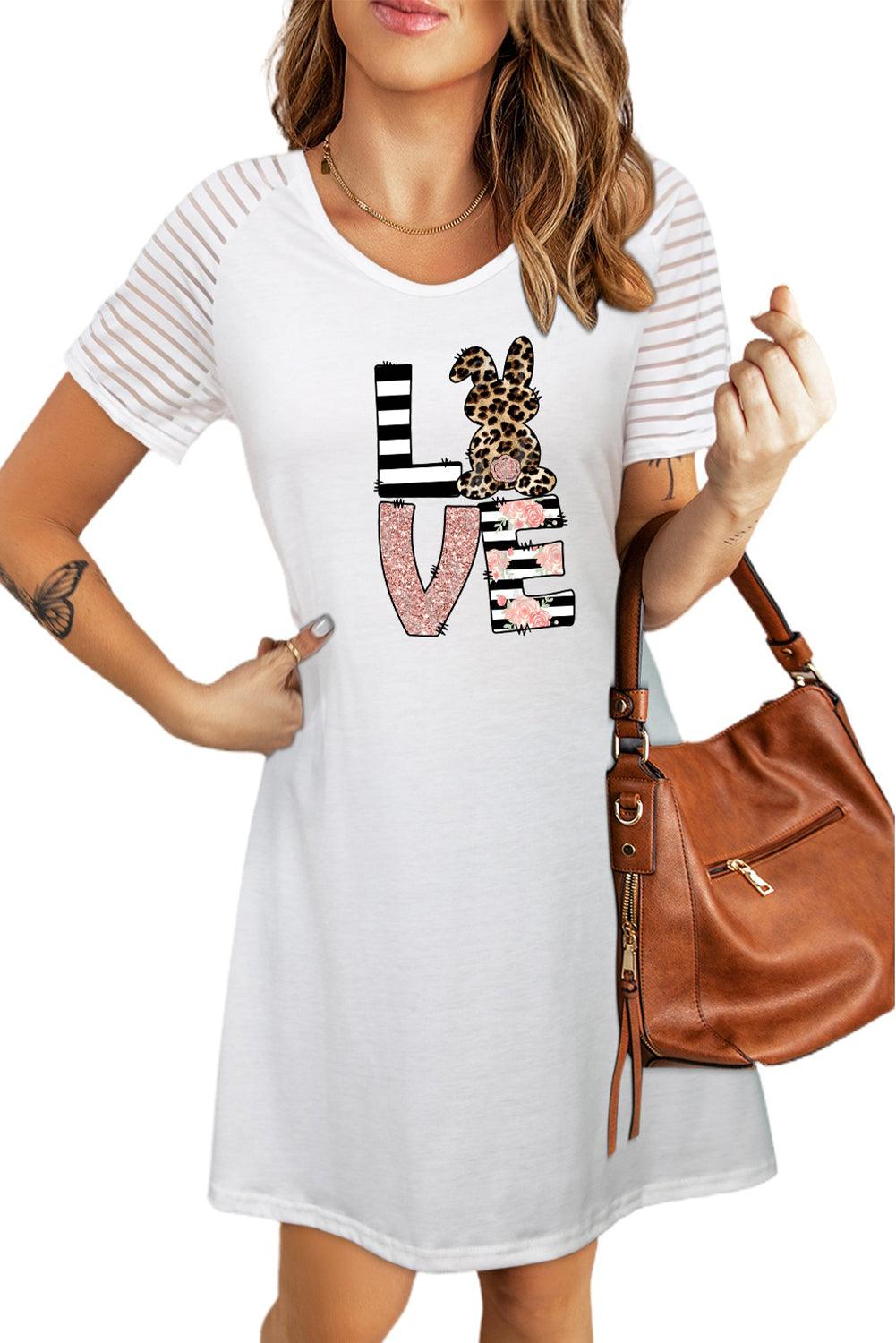 Easter Graphic Sheer Striped T-Shirt Dress - Flyclothing LLC