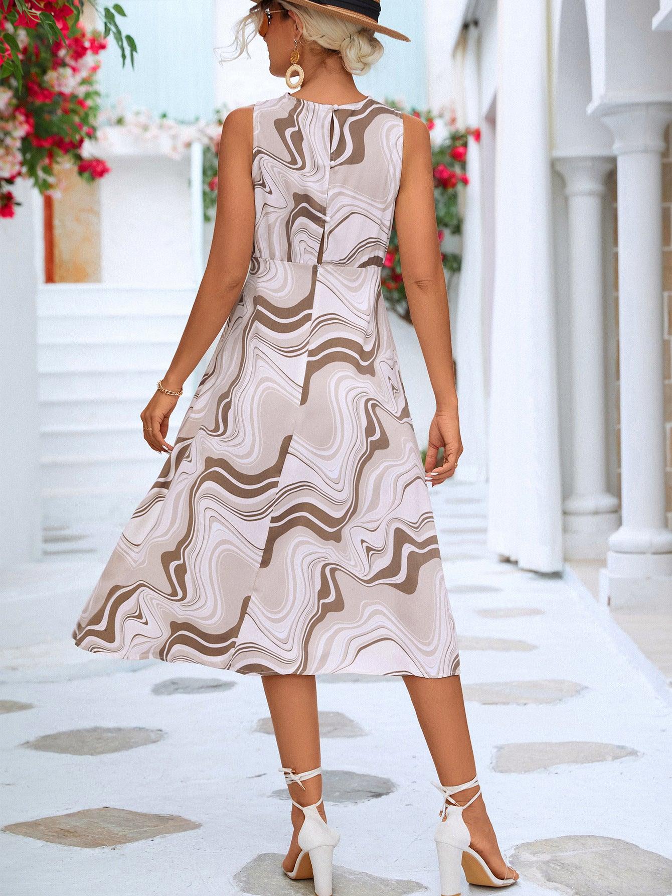 Printed Cowl Neck Sleeveless Dress - Flyclothing LLC