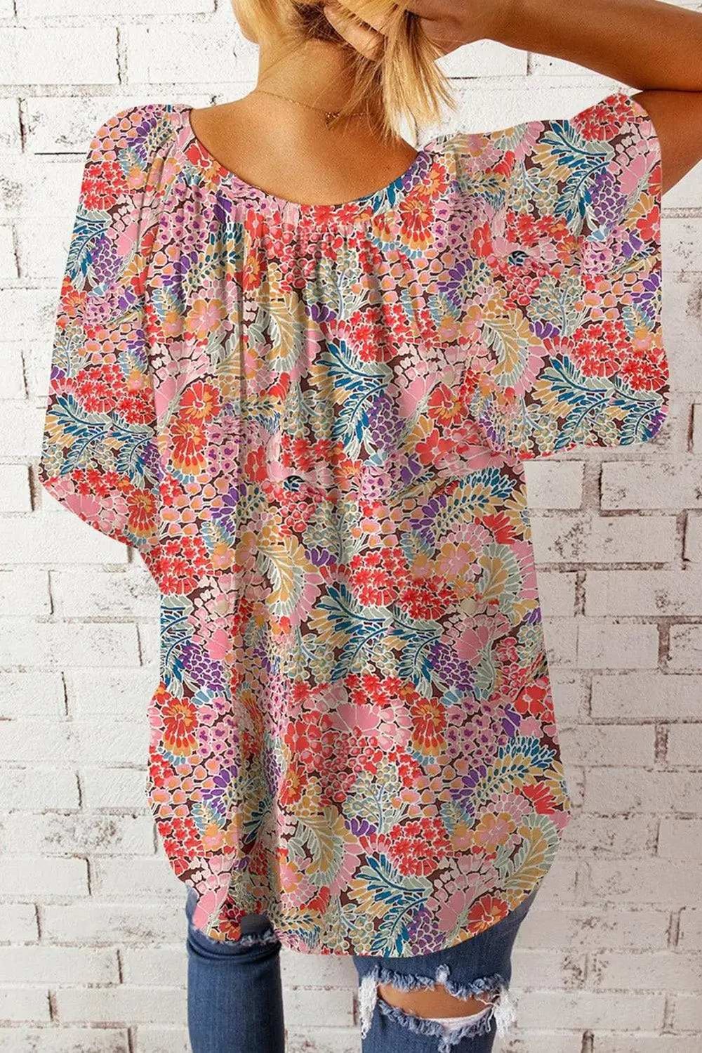 Floral Notched Neck Flutter Sleeve Blouse - Trendsi - Flyclothing LLC