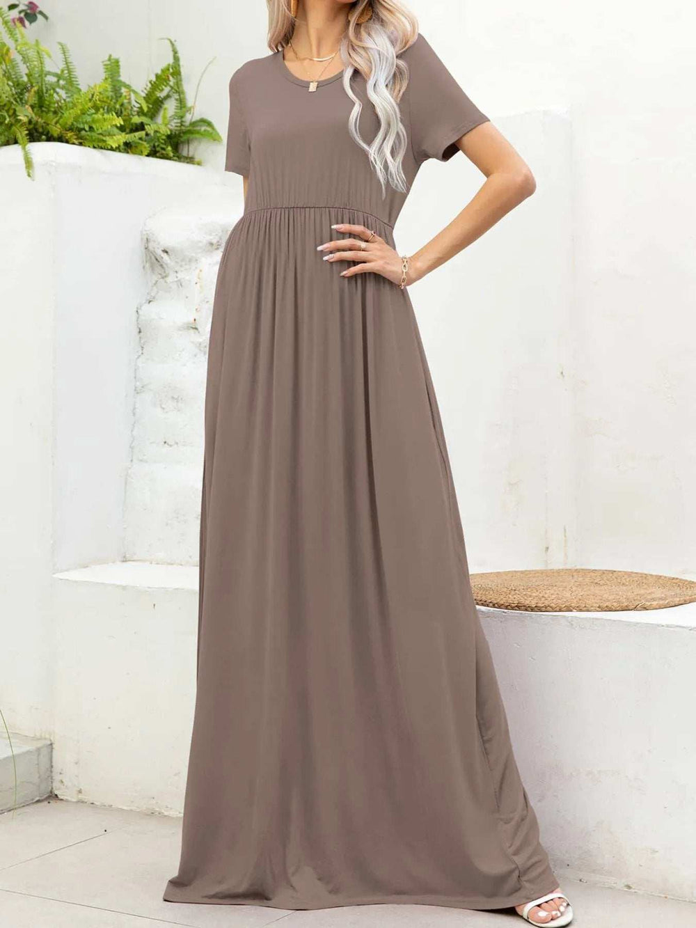 Round Neck Short Sleeve Maxi Dress with Pockets - Trendsi - Flyclothing LLC