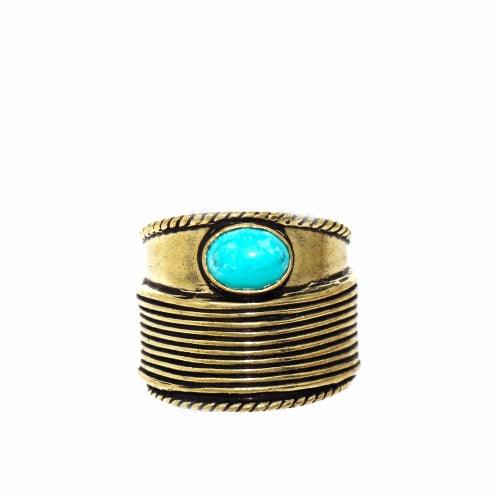 Turquoise Stone Adjustable Brass Ring - Flyclothing LLC
