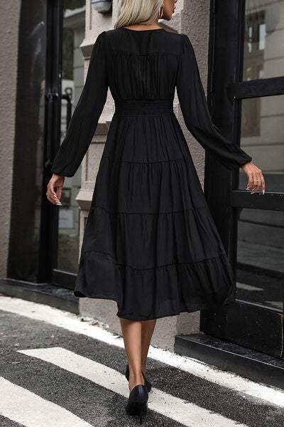 Tiered Ruched Button Up Midi Dress - Trendsi - Flyclothing LLC