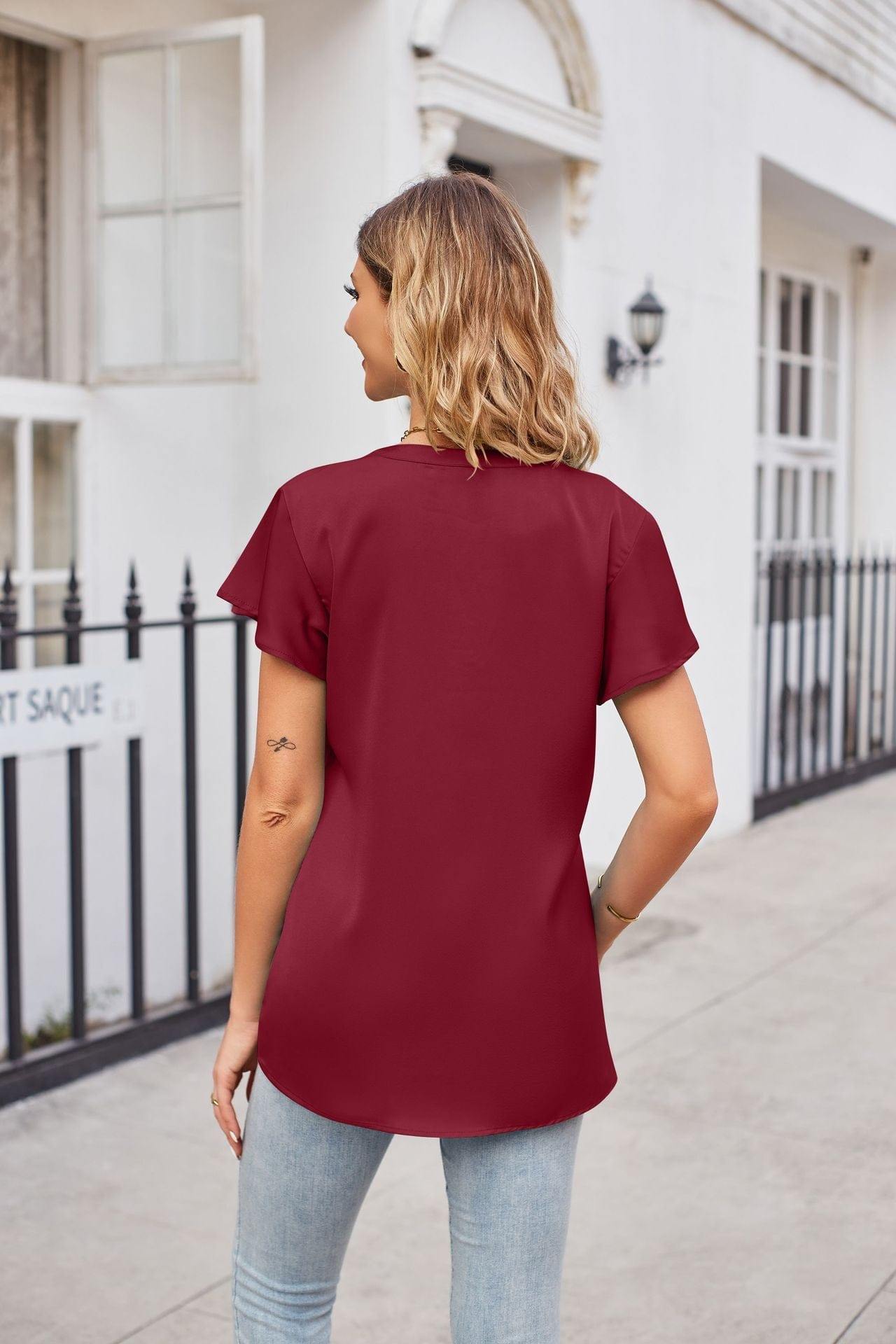 Notched Neck Flutter Sleeve Satin Top - Trendsi