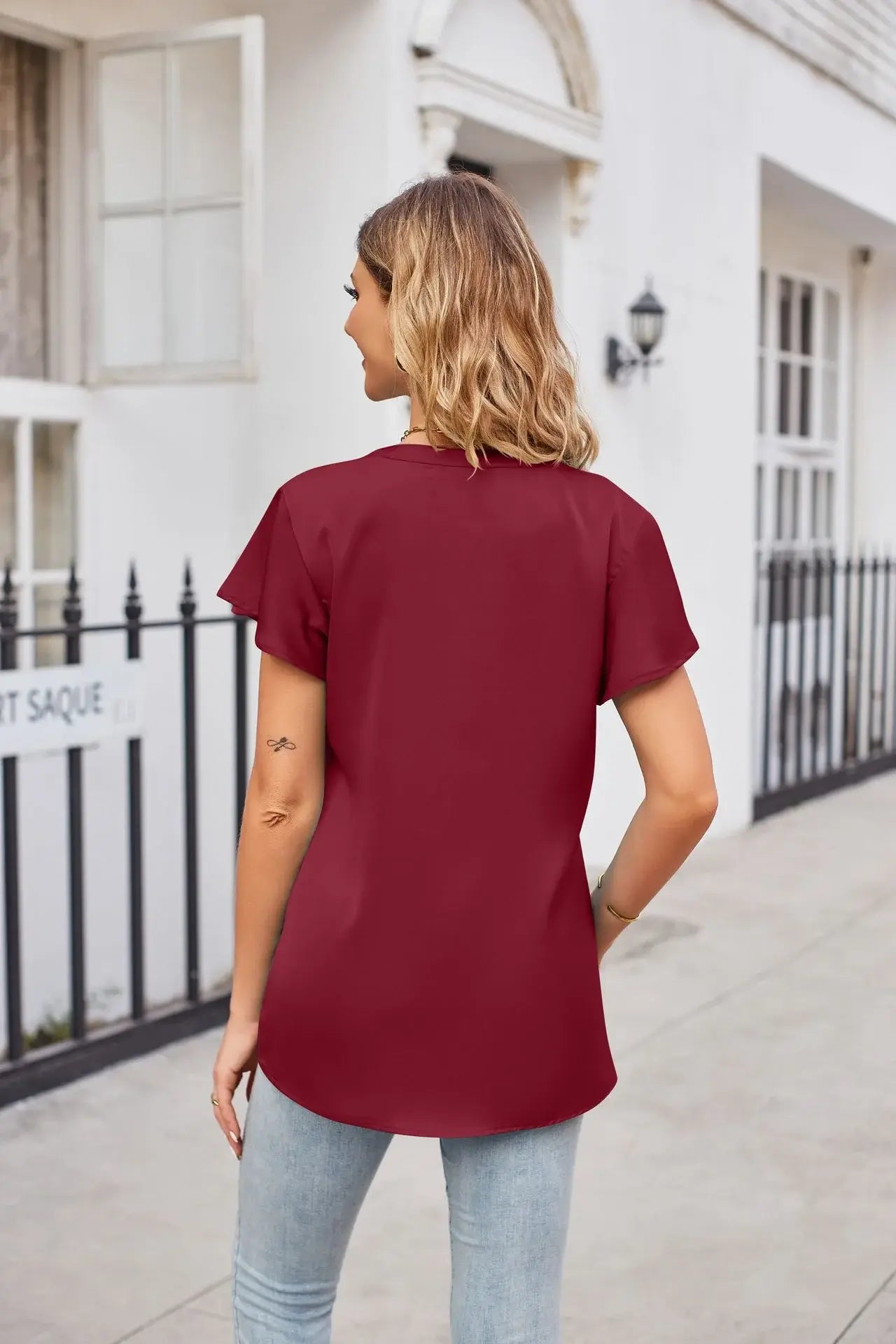 Notched Neck Flutter Sleeve Satin Top - Trendsi - Flyclothing LLC