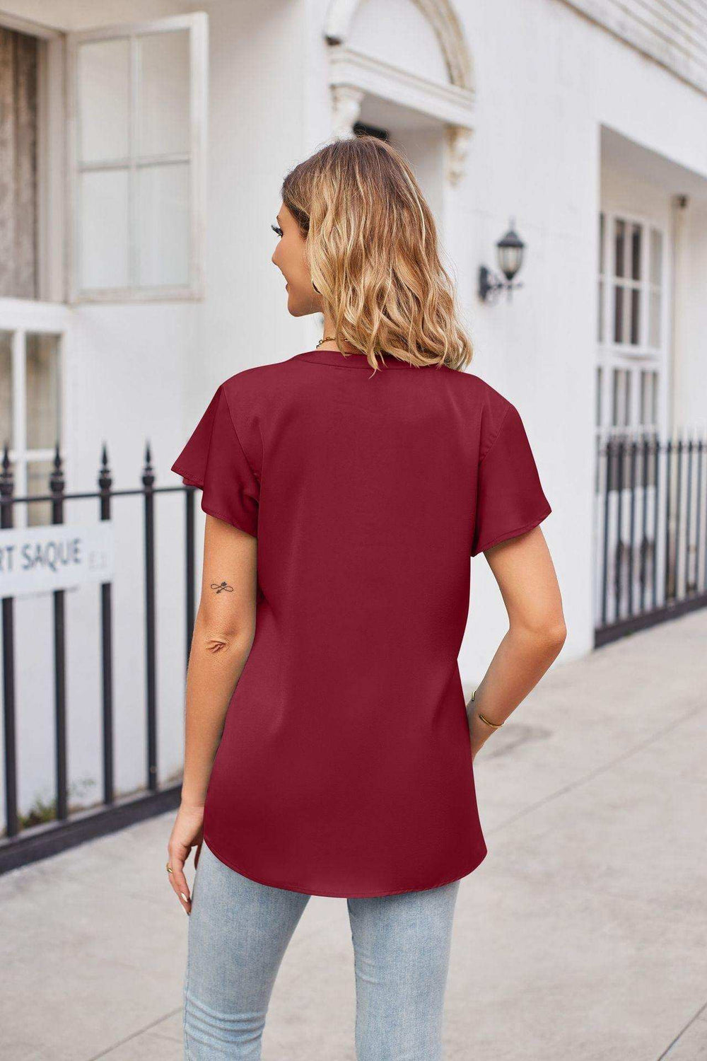 Notched Neck Flutter Sleeve Satin Top - Trendsi - Flyclothing LLC