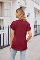 Notched Neck Flutter Sleeve Satin Top - Trendsi