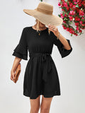 Round Neck Tie Belt Flounce Sleeve Dress - Trendsi