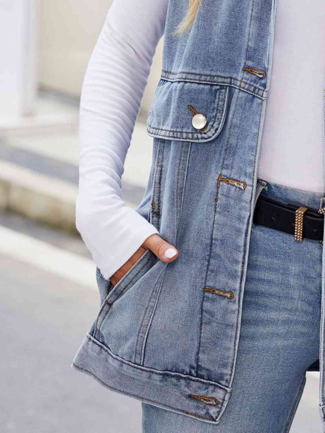 Button Up Collared Neck Denim Jacket with Pockets - Trendsi - Flyclothing LLC