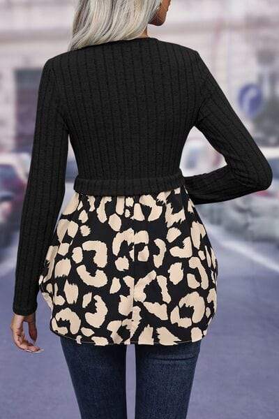 Leopard Peplum Round Neck Blouse - Trendsi - Flyclothing LLC