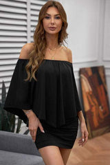 Off-Shoulder Three-Quarter Sleeve Mini Dress - Trendsi - Flyclothing LLC