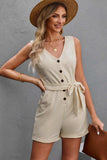 Button Front Belted Sleeveless Romper - Trendsi - Flyclothing LLC