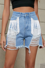 Fringe Trim Distressed Denim Shorts with Pockets - Trendsi - Flyclothing LLC