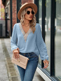 Swiss Dot V-Neck Long Sleeve Blouse - Trendsi