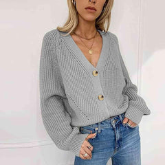 Button Up V-Neck Long Sleeve Cardigan - Trendsi