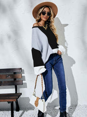 Color Block Balloon Sleeve Boat Neck Sweater - Trendsi