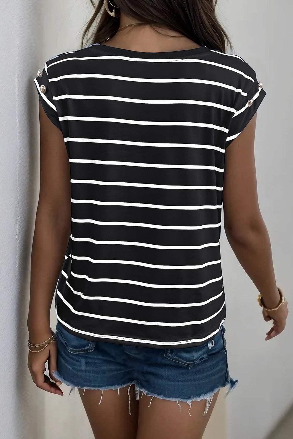 Decorative Button Round Neck T-Shirt - Trendsi - Flyclothing LLC