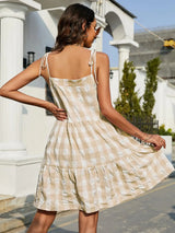 Plaid Tie-Shoulder Sleeveless Tiered Dress - Trendsi - Flyclothing LLC