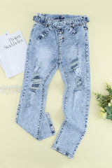 Acid Wash Belted Button Fly Distressed Jeans - Flyclothing LLC