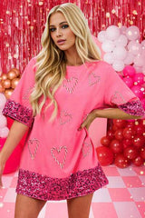 Candy Cane Sequin Half Sleeve T-Shirt - Trendsi - Flyclothing LLC