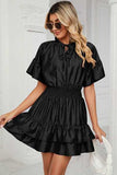 Smocked Tie Neck Flounce Sleeve Dress - Trendsi - Flyclothing LLC