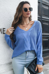 Cable-Knit V-Neck Sweater - Trendsi