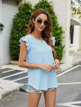 Plaid Ruffled Round Neck Cap Sleeve T-Shirt - Trendsi - Flyclothing LLC