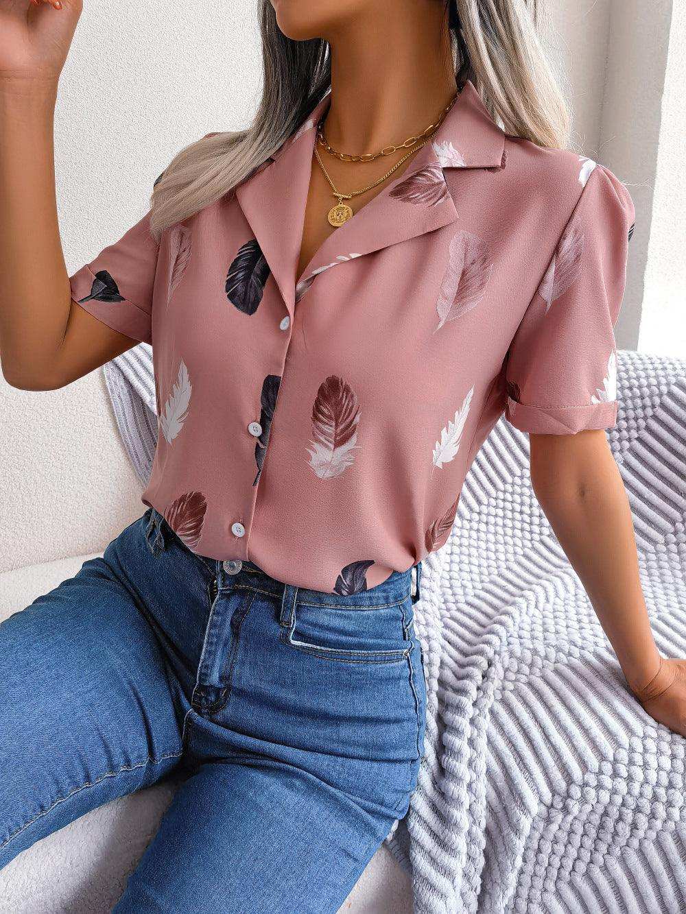 Feather Print Lapel Collar Puff Sleeve Shirt - Trendsi - Flyclothing LLC