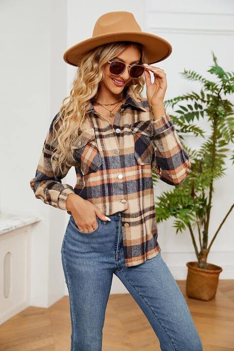 Collared Plaid Shacket - Trendsi