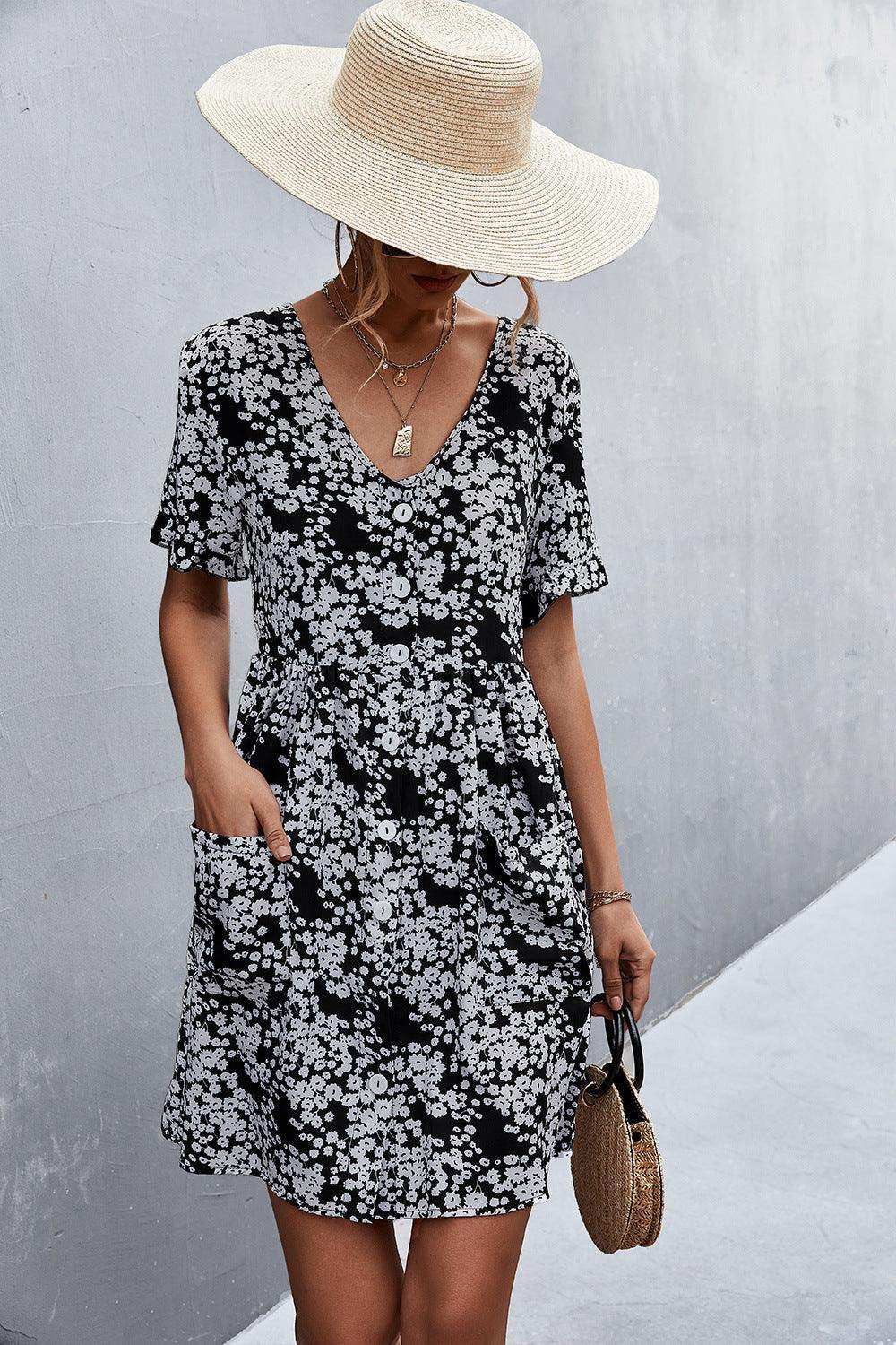 Printed Button down Pocketed Dress - Trendsi - Flyclothing LLC