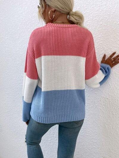 Color Block Round Neck Sweater - Trendsi