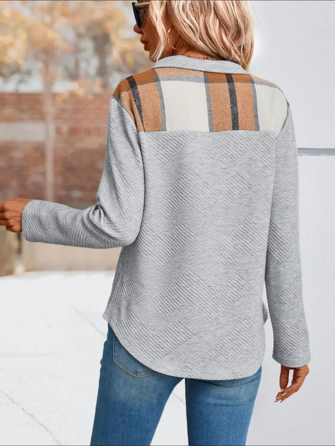 Spliced Plaid Quarter-Snap Mock Neck Top - Trendsi - Flyclothing LLC