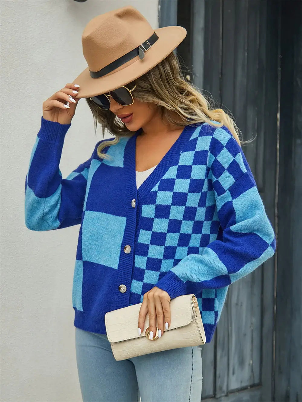 Plaid V-Neck Dropped Shoulder Cardigan - Trendsi - Flyclothing LLC