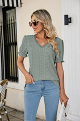 Eyelet Flounce Sleeve Scalloped V-Neck Top - Trendsi - Flyclothing LLC