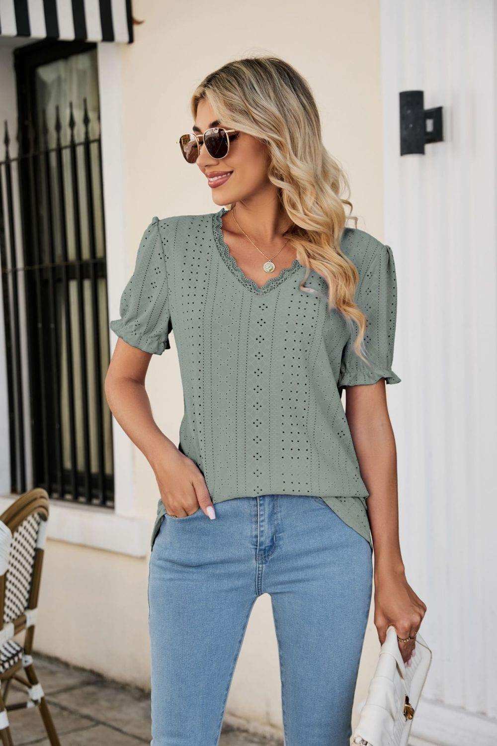 Eyelet Flounce Sleeve Scalloped V-Neck Top - Trendsi - Flyclothing LLC