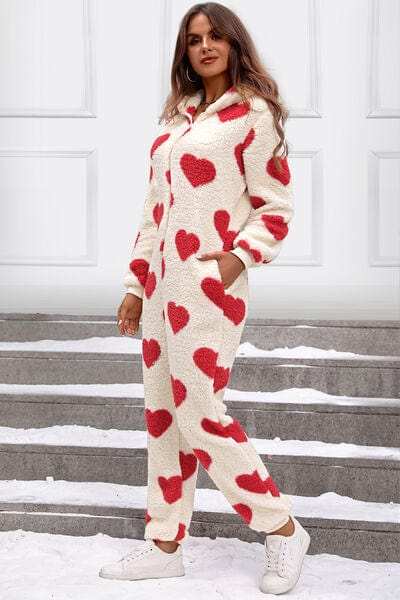 Fuzzy Heart Zip Up Hooded Lounge Jumpsuit - Trendsi - Flyclothing LLC