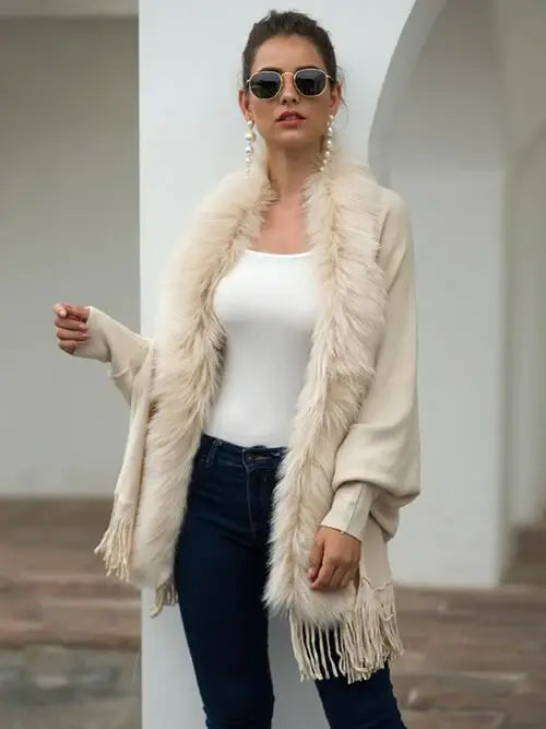 Fringe Open Front Long Sleeve Poncho - Trendsi - Flyclothing LLC