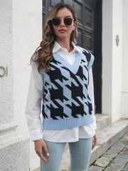 Houndstooth V-Neck Sweater Vest - Trendsi