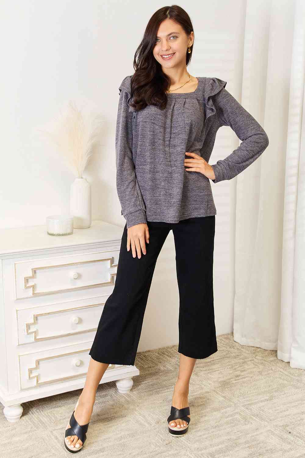 Double Take Square Neck Ruffle Shoulder Long Sleeve T-Shirt - Trendsi - Flyclothing LLC