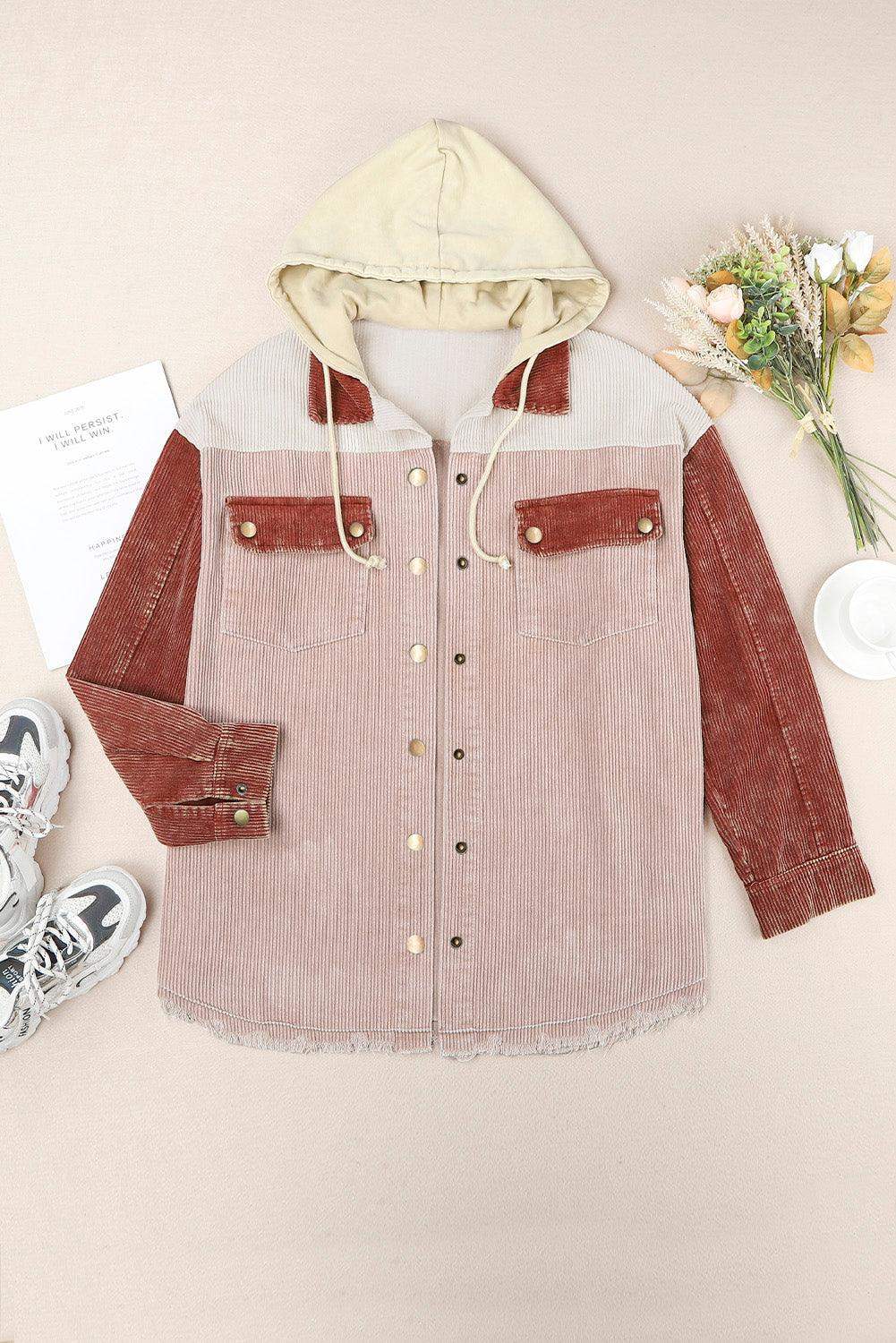 Snap Front Hooded Corduroy Shacket - Trendsi - Flyclothing LLC
