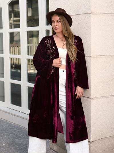 Plus Size Printed Open Front Long Sleeve Cardigan - Trendsi - Flyclothing LLC
