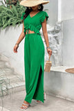V-Neck Ruffle Hem Top and Slit Pants Set - Trendsi