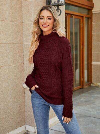 Cable-Knit Mock Neck Sweater - Trendsi - Flyclothing LLC